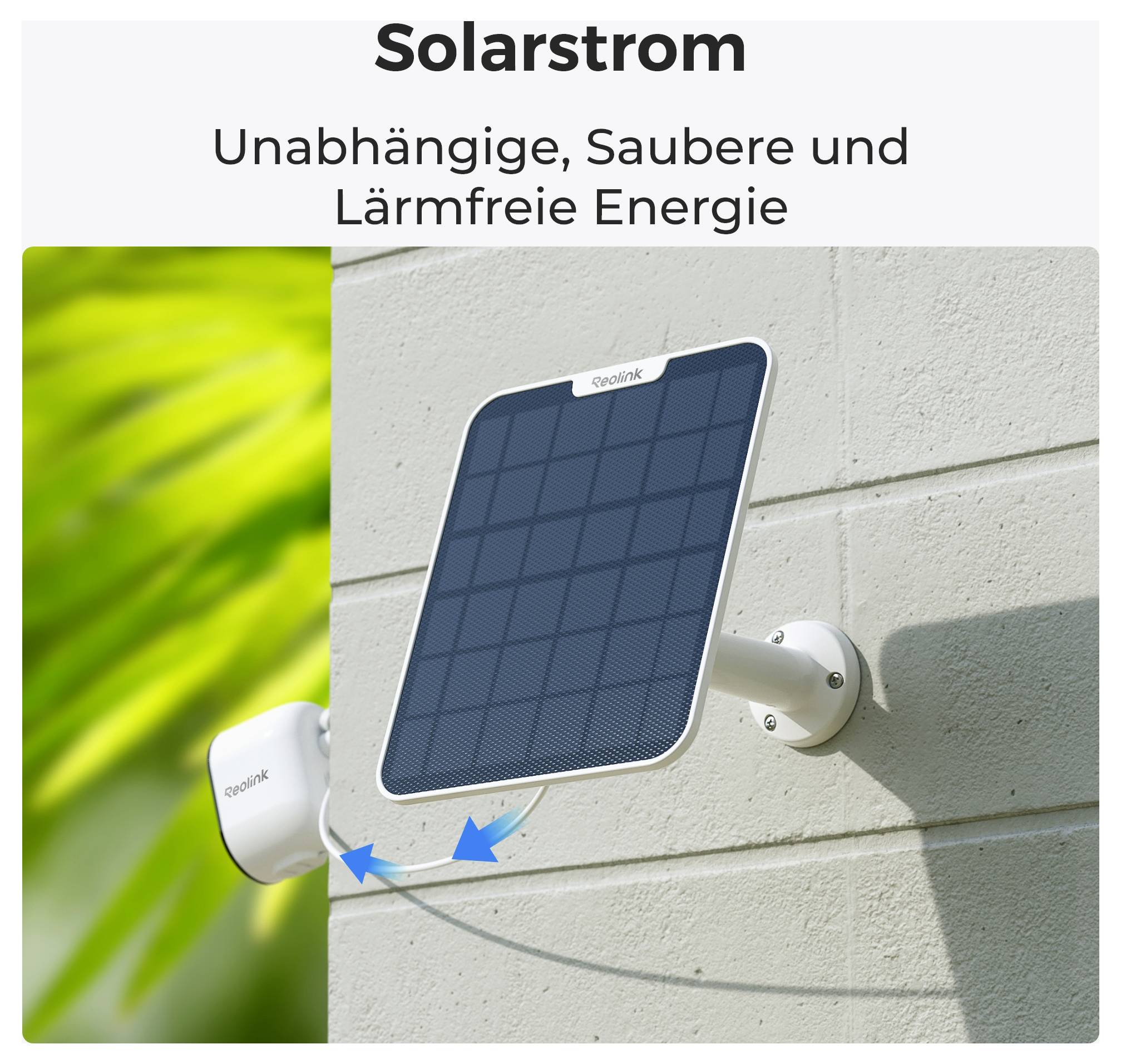 Solarmodul mit Halterung und Kabel. Verwendet zur Stromversorgung von Geräten bei Sonnenlicht. Marke 'Reolink' sichtbar.