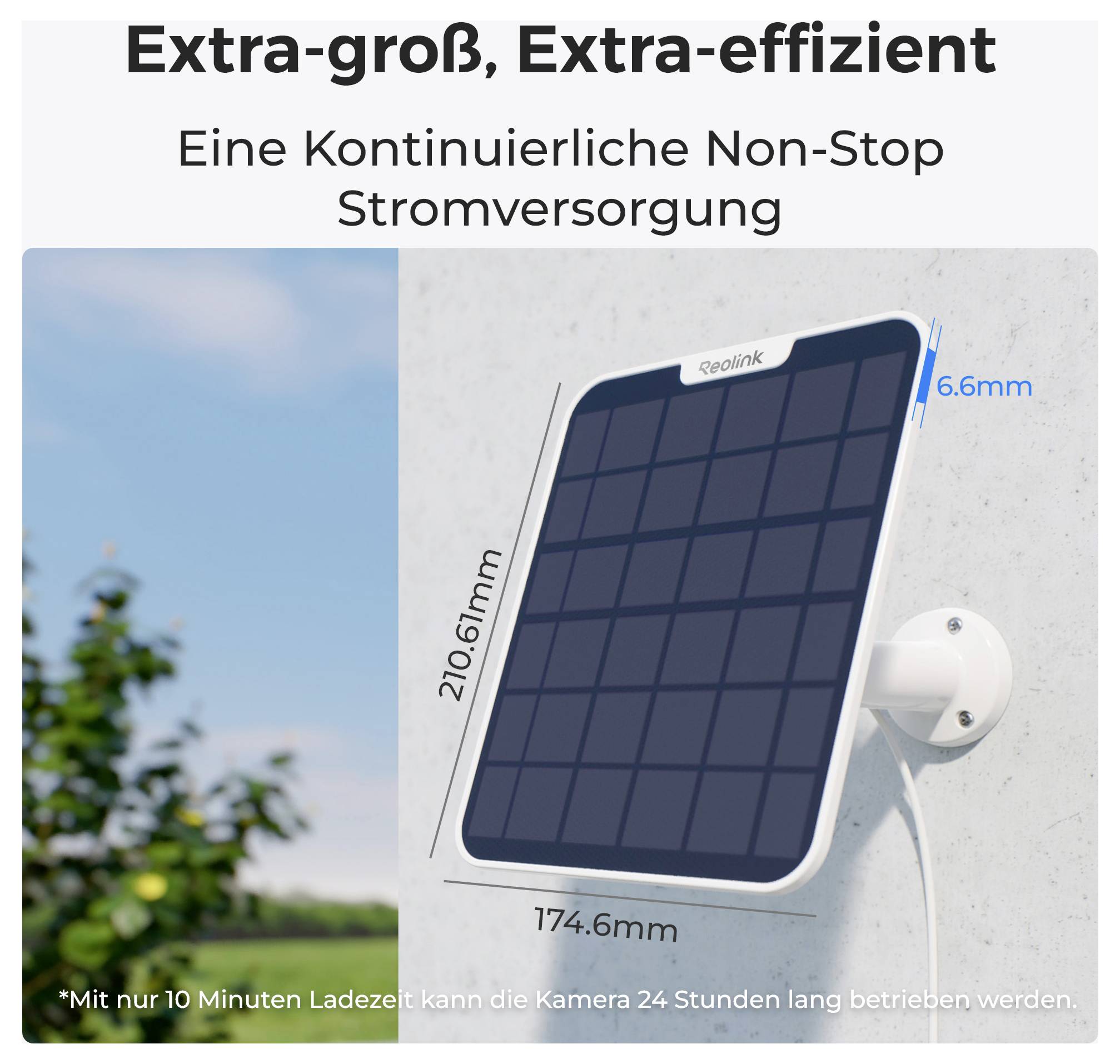 Ein Solarmodul, das an einer Wand montiert ist, mit Abmessungen von 210,6 mm x 174,6 mm und einer Dicke von 6,6 mm, wobei die Effizienz betont wird.