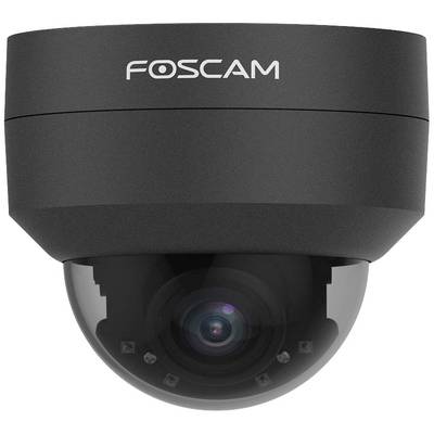 Schwarze Überwachungskamera von Foscam mit halbkreisförmigem Design und sichtbarem Kameralinsenfenster, geeignet für Innenräume.