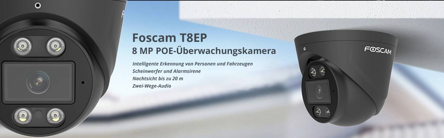 Foscam T8EP 8 MP POE-Überwachungskamera an einer Decke montiert, geeignet für Personen- und Fahrzeugerkennung mit Zwei-Wege-Audio.