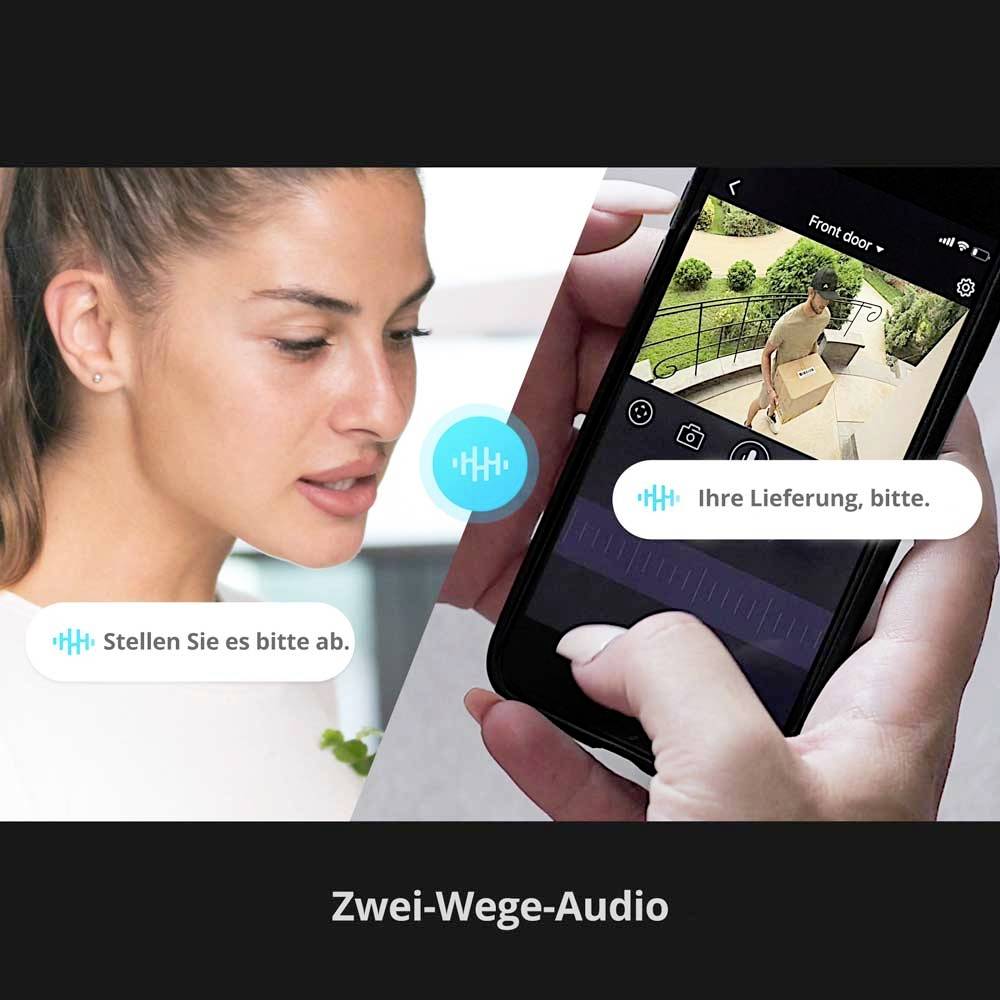 Frau spricht in ein Telefon. Auf der anderen Seite sieht ein Mann auf einem Bildschirm. Text: 'Stellen Sie es bitte ab.' und 'Ihre Lieferung, bitte.'
