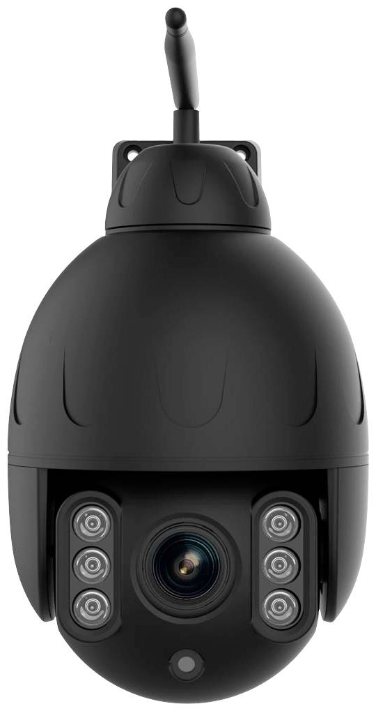 Schwarze Überwachungskamera mit Antenne und sechs LED-Lichtern um das Objektiv. Wandmontage für Sicherheitsüberwachung.