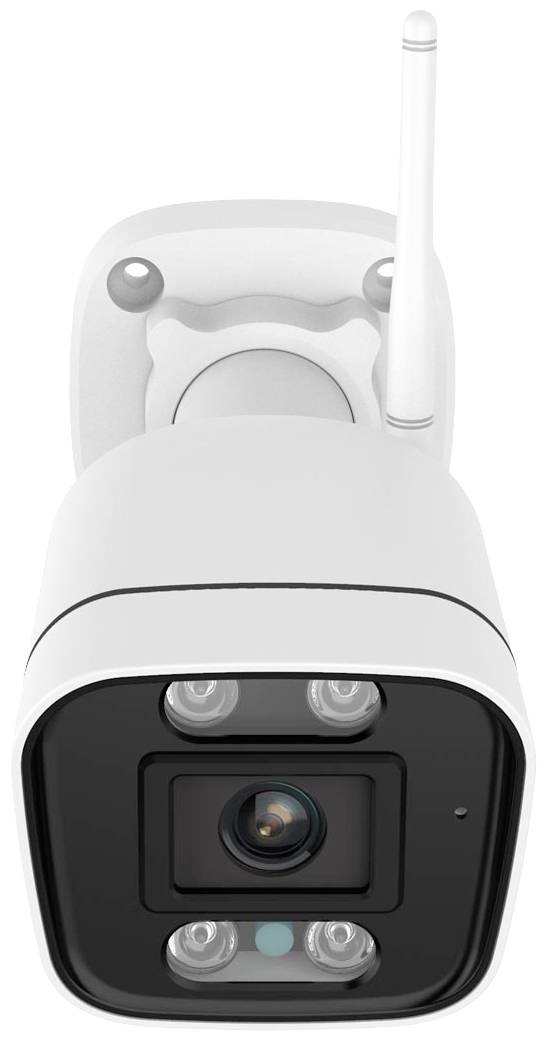 Überwachungskamera mit Antenne und mehreren Linsen, geeignet für Außenbereiche. Robust, mit wetterfestem Design.