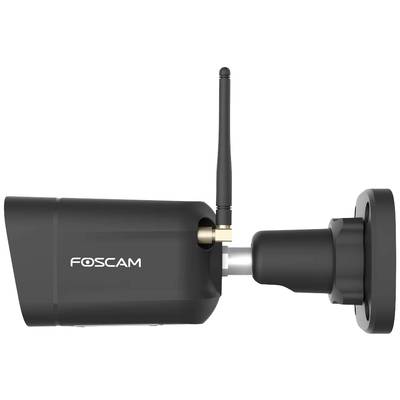 Eine schwarze Foscam-Sicherheitskamera mit Antenne, seitlich dargestellt. Sie ist zur Wandmontage konzipiert.