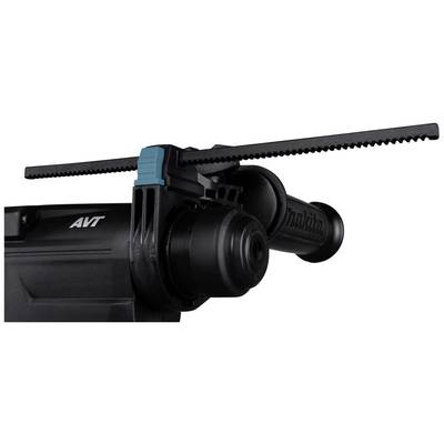 Ein schwarzer Bohrhammer mit blauem Schalter zeigt den vorderen Teil mit Zahnstange. Markenname 'Makita' auf dem Griff sichtbar.