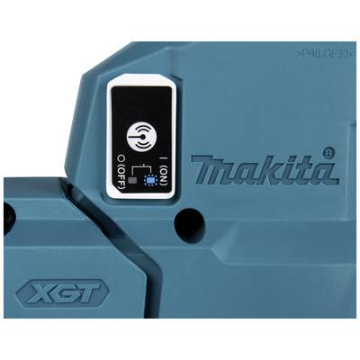 Ein elektrisches Werkzeug von Makita in Blau mit einem Schalter, der die Modi 'Ein' und 'Aus' zeigt. Markierung XGT.