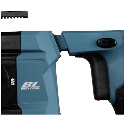 Ein Teil eines blauen Elektrowerkzeugs mit schwarzem Griff und einem Knopf ist sichtbar. Auf dem Gerät steht 'BL MOTOR'.