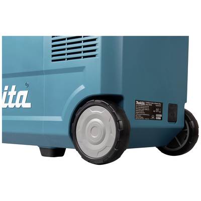 Blauer Koffer mit Rädern, zeigt das Makita-Logo und ein Etikett mit technischen Spezifikationen auf der Seite.