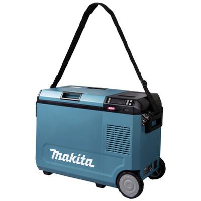 Ein tragbarer, türkisfarbener Kühlbox mit Rädern und einem Tragegurt, gekennzeichnet durch 'Makita'-Logo, geeignet für den Einsatz im Freien.