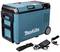 Tragbarer Elektrokühler in Blau mit Rollen und Griff. Enthält Zubehör: Ladegerät, Kabel und Schultergurt.