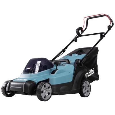 Ein blauer Elektro-Rasenmäher mit schwarzem Griff und Fangkorb. Vier robuste Räder ermöglichen einfache Bewegung auf dem Rasen.