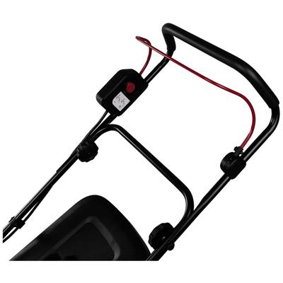 Der obere Teil eines schwarzen Rasenmähers mit rotem Kabel und Schalter. Zeigt den Griff und die Bedieneinheit des Mähers.