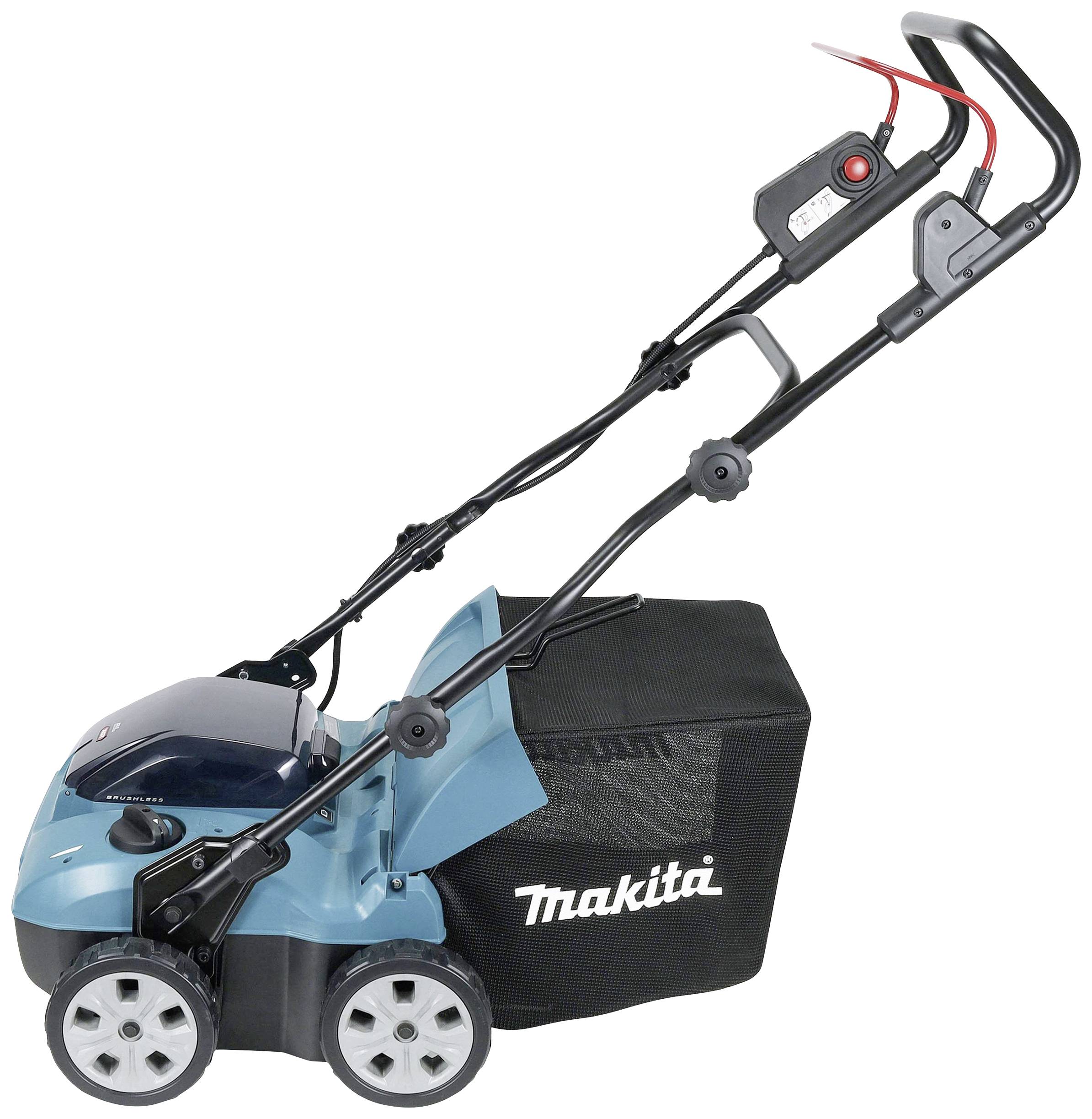 Rasenlüfter von Makita mit Fangkorb und blauer Abdeckung auf vier Rädern. Geeignet zur Pflege des Rasens durch Belüftung und Moosentfernung.