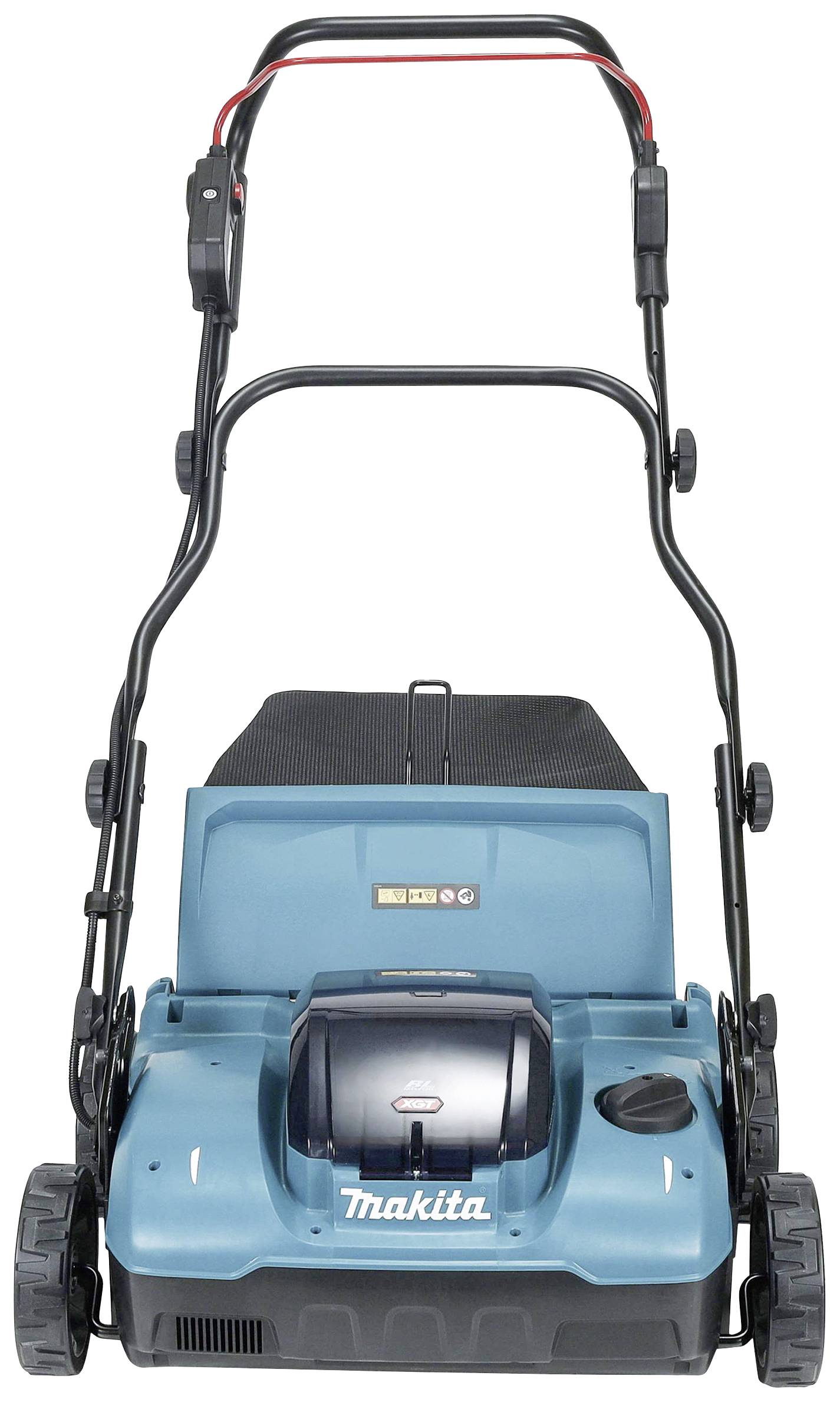 Ein blauer elektrischer Rasenmäher von Makita mit schwarzem Griff und Rädern, geeignet für die Pflege von kleinen bis mittleren Gärten.