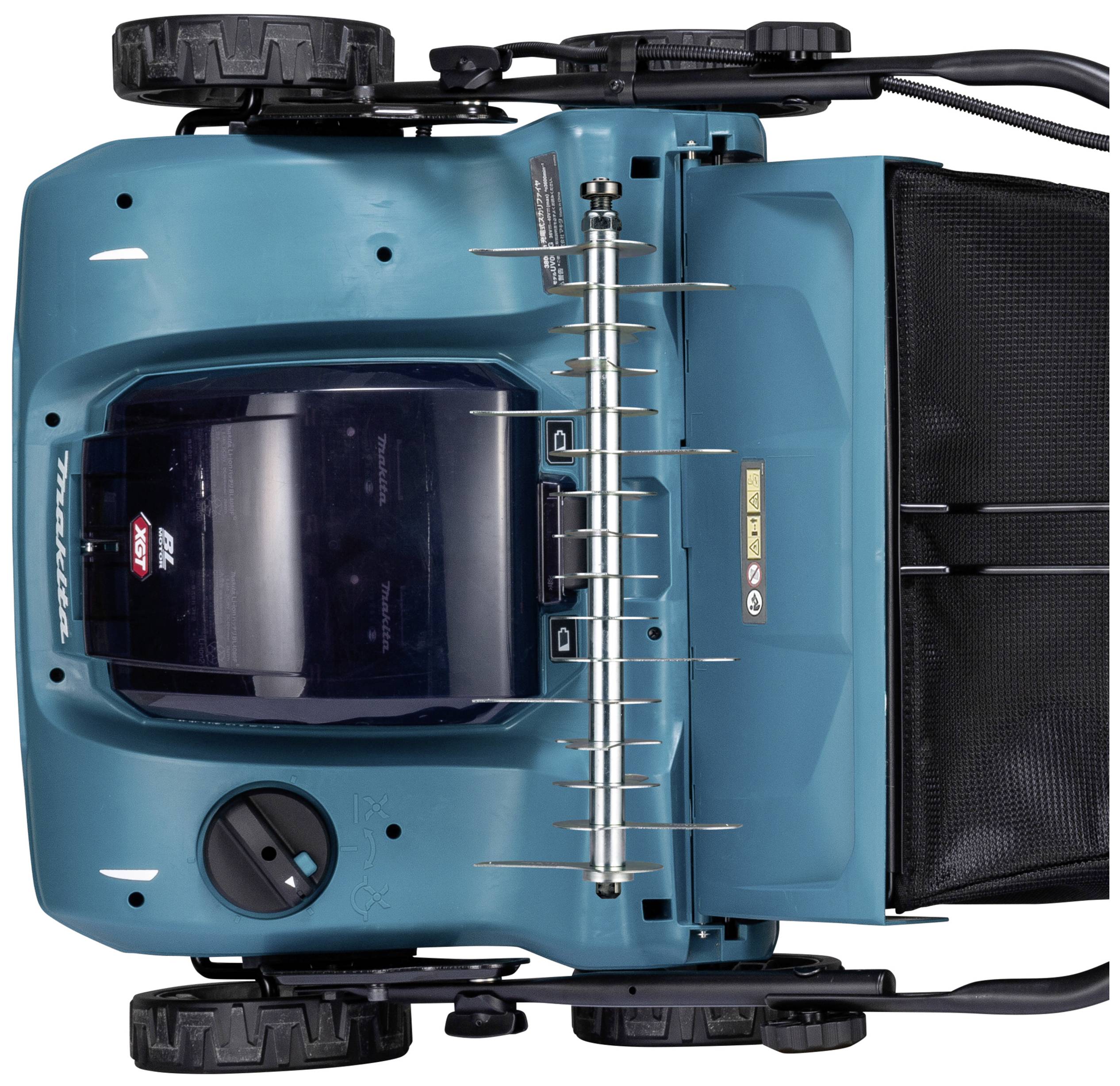 Ein blauer Rasenmäher von oben, mit sichtbarem schwarzen Rad an der Seite und schwarzem Auffangbeutel hinten. Der Motorbereich ist abgedeckt.