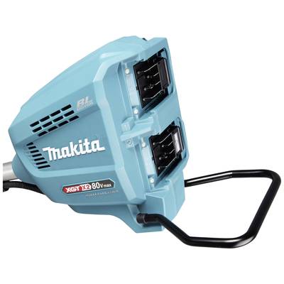 Doppelte Akkuschachtel einer elektrischen Maschine in blau mit 'Makita'-Logo, zeigt zwei Batterieeinschübe für 80V Max XGT System.