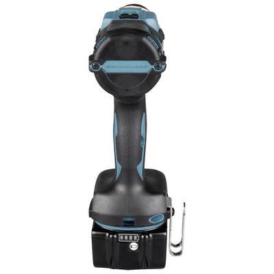 Ein kabelloser, schwarz-blauer Akkuschrauber von hinten, mit einem Ladezustandsanzeiger am Akku und einem Gürtelclip unten.