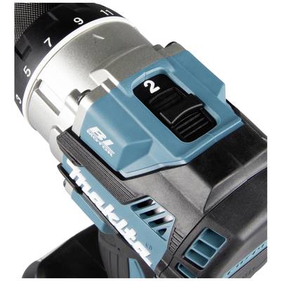 Bohrmaschine mit blauer Abdeckung, schwarzem Griff und einem Ziffernring.zeigt Geschwindigkeitsregler mit der Nummer '2'.