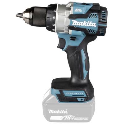 Ein schnurloser, bürstenloser Akkubohrschrauber von Makita mit 18V Lithium-Ionen-Batterie, schwarz-türkises Design. Ideal für Heimwerker.