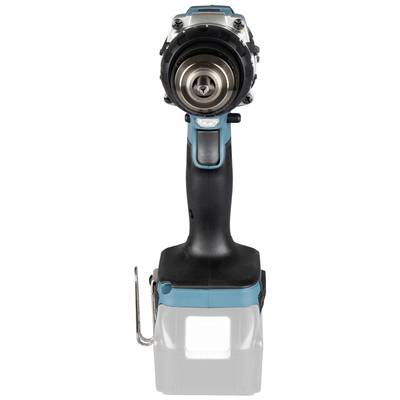 Akku-Bohrmaschine aus der Vorderansicht in Blau und Schwarz. Deutliche Sicht auf den Bohrkopf und ergonomischen Griff.