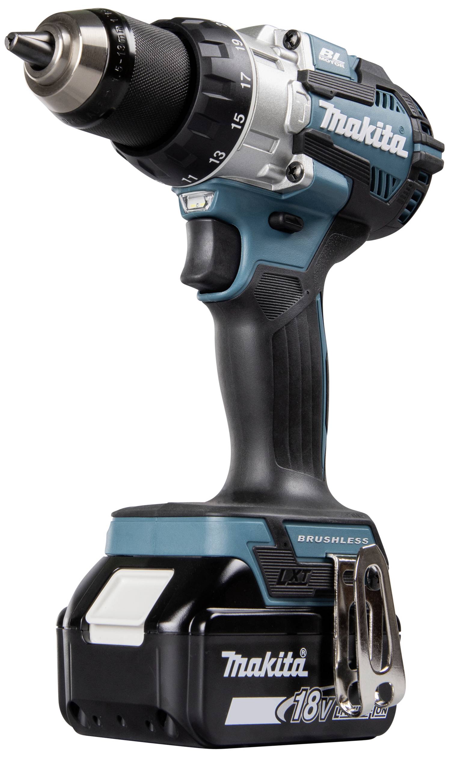 Akkubohrschrauber in türkis-schwarzem Design mit silbernem Bohrfutter und 18-Volt-Akku, geeignet für vielseitige Bohrarbeiten.