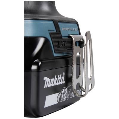 Nahaufnahme eines Makita 18V Lithium-Ionen Akkus mit Metallclip, geeignet für eine bürstenlose Werkzeugeinheit.
