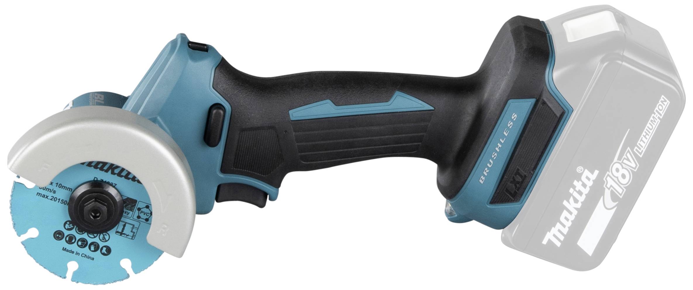 Kabellose Winkelschleifer mit blauem Gehäuse, ergonomischem Griff und 18V Akku, geeignet für Schleif- und Schneidarbeiten.