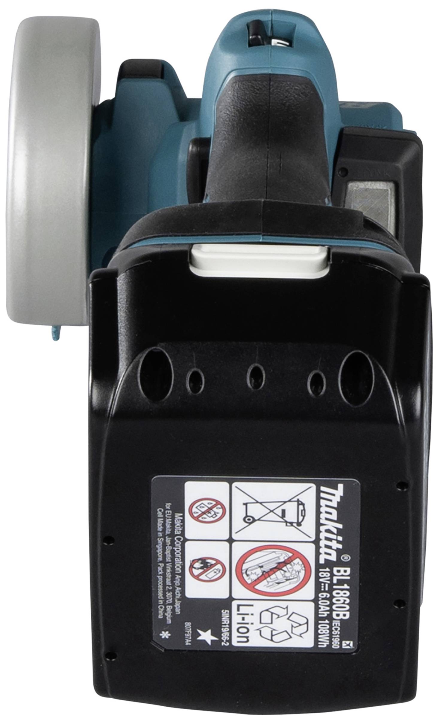 Eine blaue tragbare Elektrowerkzeugbatterie von Makita mit Sicherheitswarnungen und Hinweisen auf der Vorderseite.