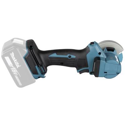 Ein blau-schwarzer Akkuschleifer mit 18V Batteriehalterung, Seitenansicht, ohne eingesetzten Akku oder Schleifpad.