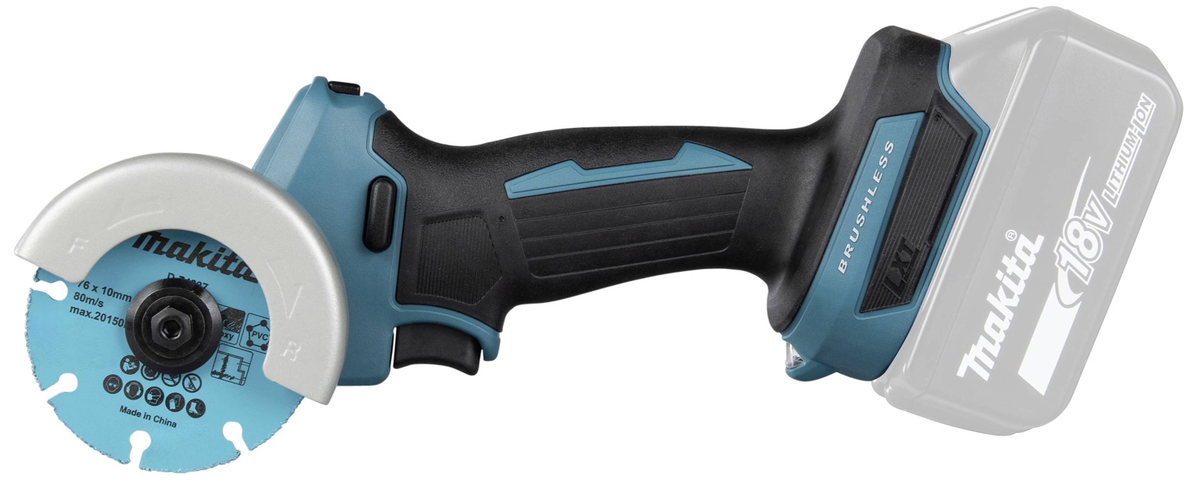 Ein kabelloses, blau-schwarzes Makita-Werkzeug mit kreisförmiger Klinge, geeignet zum Schneiden verschiedener Materialien.