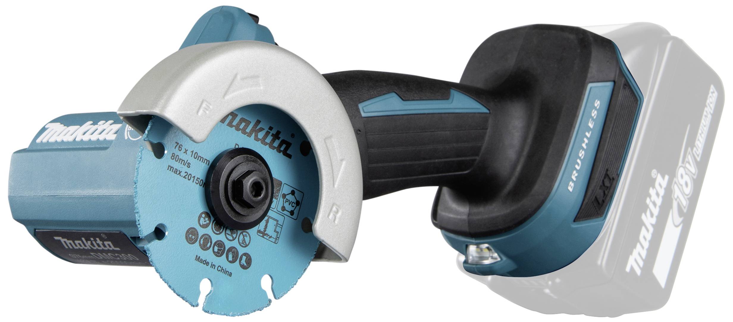 Kabelloser Winkelschleifer mit blau-schwarzem Griff und Metallschutzabdeckung. Markierung 'Makita'. Hauptwerkzeug für Schneidearbeiten.