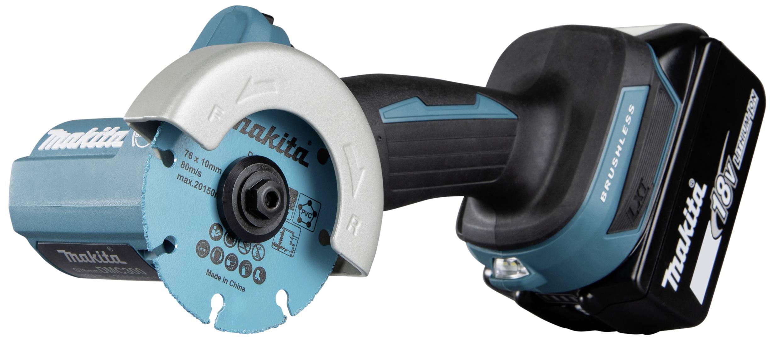 Akkubetriebener Winkelschleifer in Blau und Schwarz mit Makita-Logo. Geeignet für das Schneiden und Schleifen von Materialien.