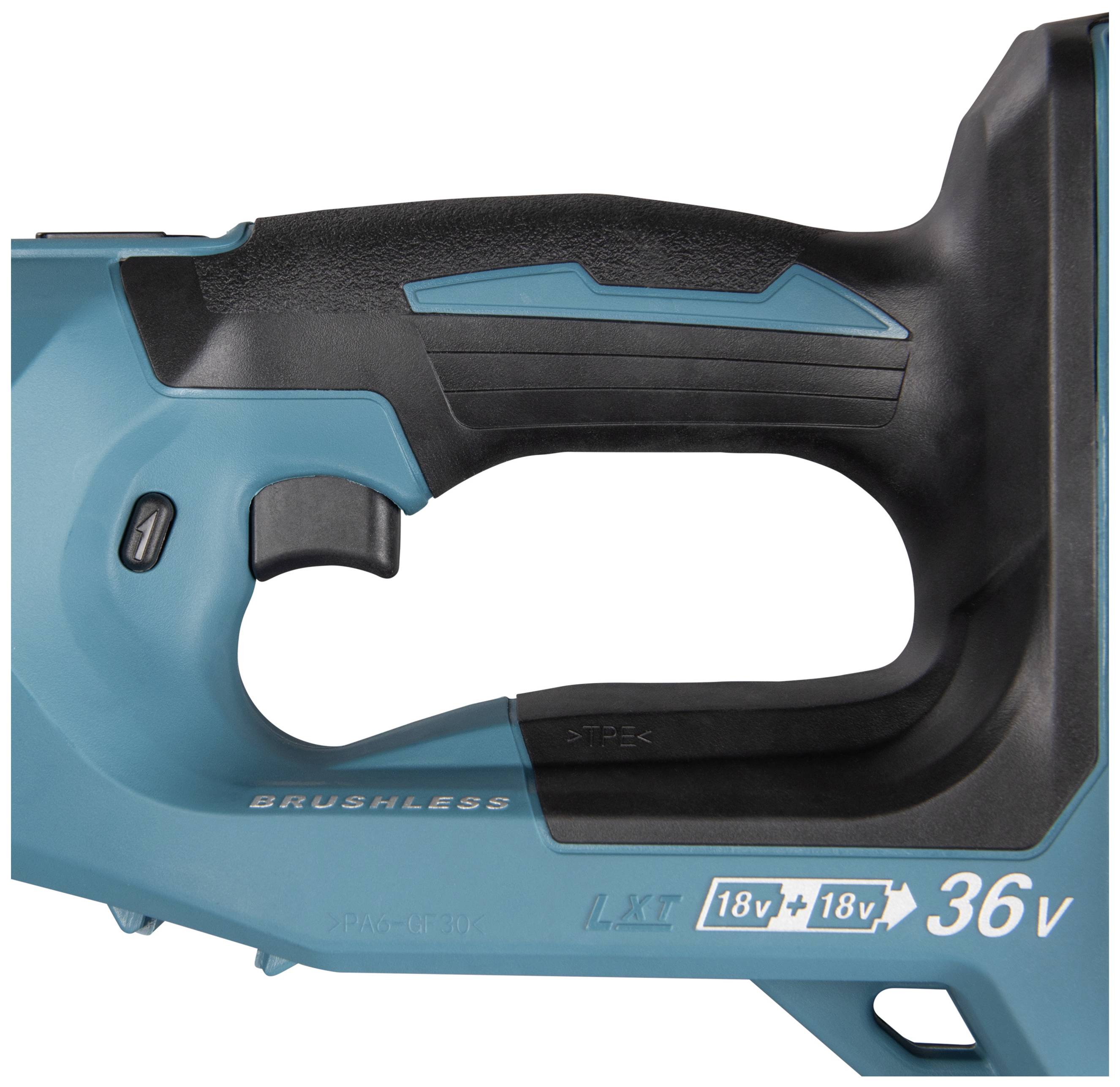 Ein Teil eines Elektrowerkzeugs mit einem ergonomisch geformten Griff, blauer Abdeckung und Beschriftung '18V + 18V = 36V'.