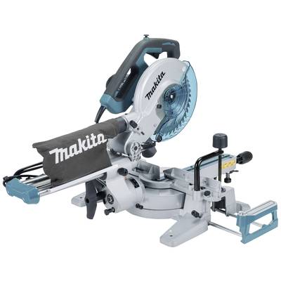 Elektrische Gehrungssäge von Makita, geeignet für präzise Holzschnitte. Silbernes Gehäuse mit blauem Schutz und Griff.