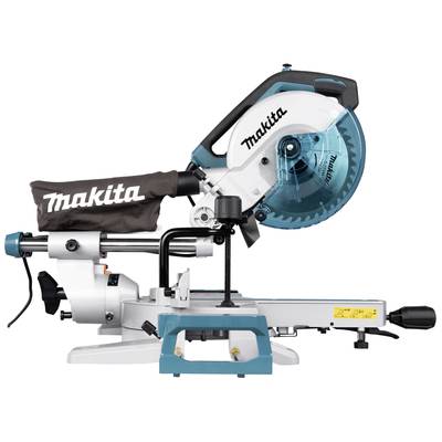 Motorbetriebene Gehrungssäge von Makita, Modell mit Staubsack und blauem Sägeblatt, seitlicher Schnitt, auf weißem Hintergrund.