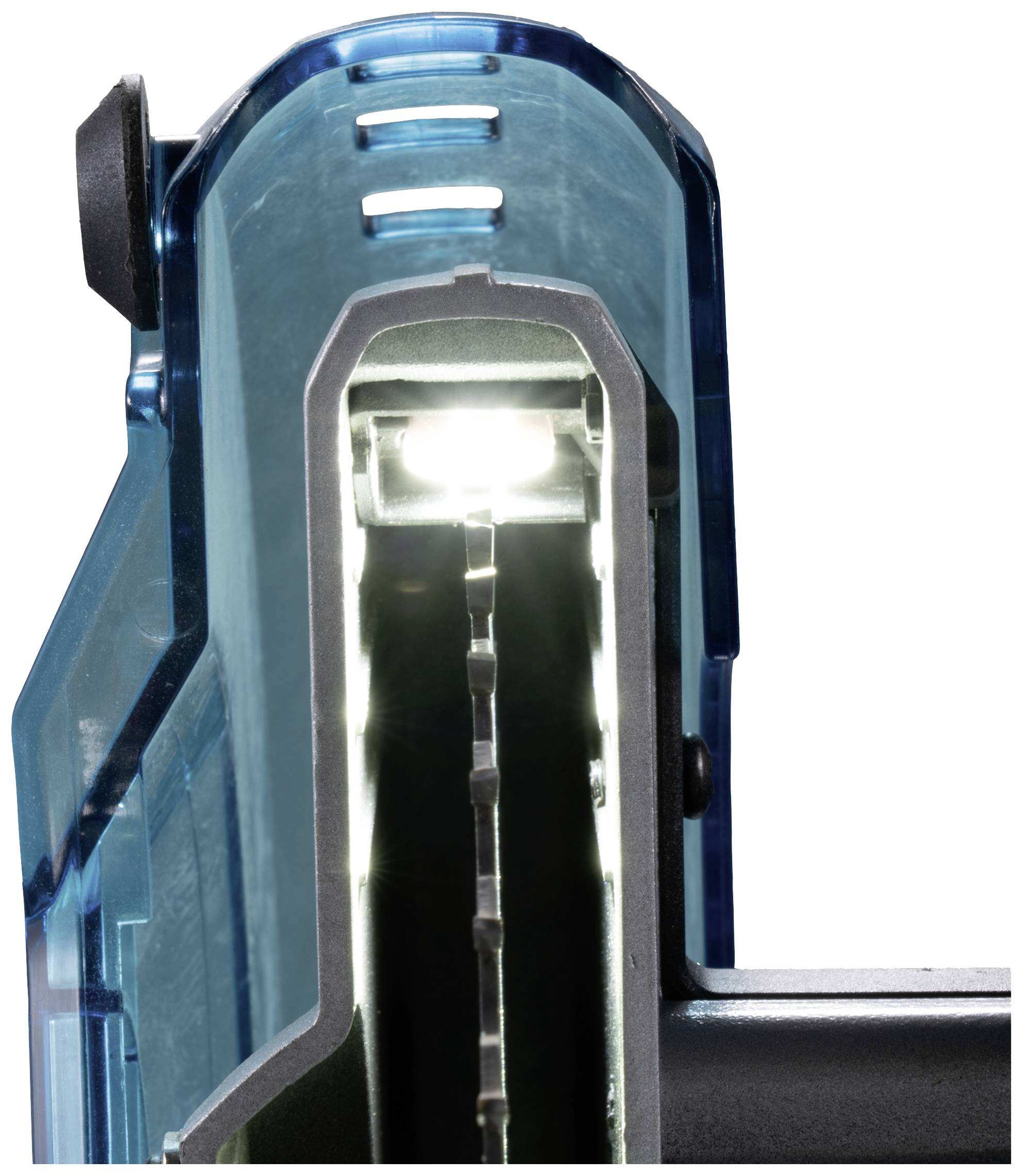 Ein transparentes, blaues Plastikgehäuse mit sichtbarer, heller LED-Beleuchtung im Inneren, möglicherweise Teil eines elektronischen Geräts.