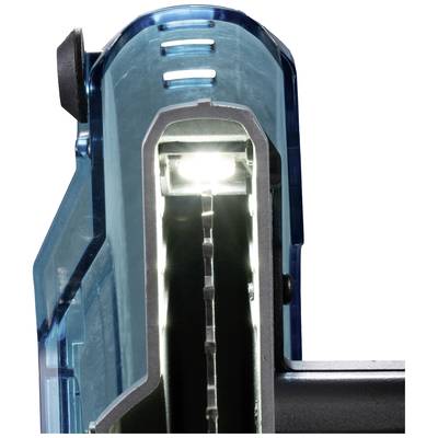 Ein transparentes, blaues Plastikgehäuse mit sichtbarer, heller LED-Beleuchtung im Inneren, möglicherweise Teil eines elektronischen Geräts.