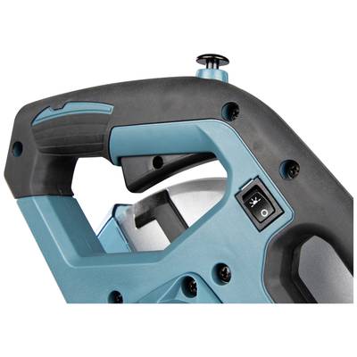 Ein blauer Griff eines Elektrowerkzeugs, mit einem schwarzen Ein/Aus-Schalter an der Seite.