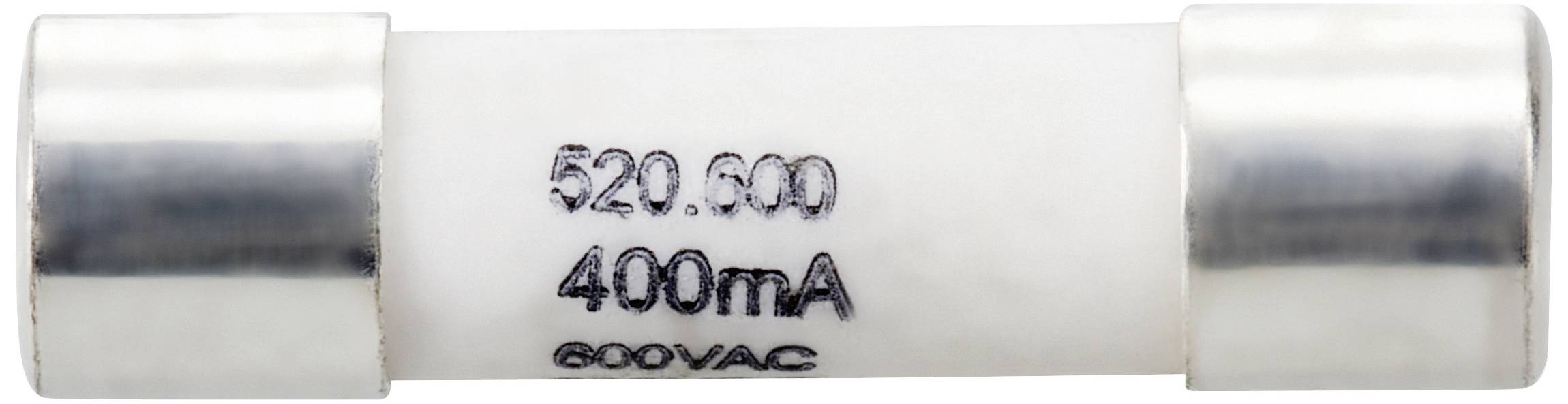 Weiße keramische Sicherung mit der Aufschrift '520.600 400 mA 600VAC'.