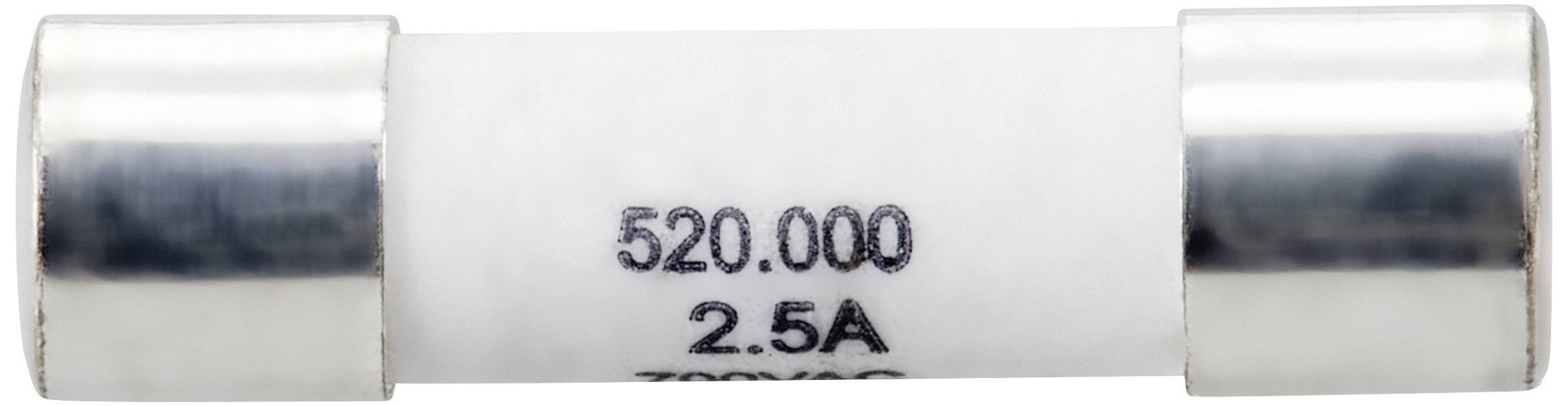 Eine zylindrische Glassicherung mit Metallenden, auf der '520.000 2.5A' steht, dient zum Stromschutz in elektrischen Geräten.