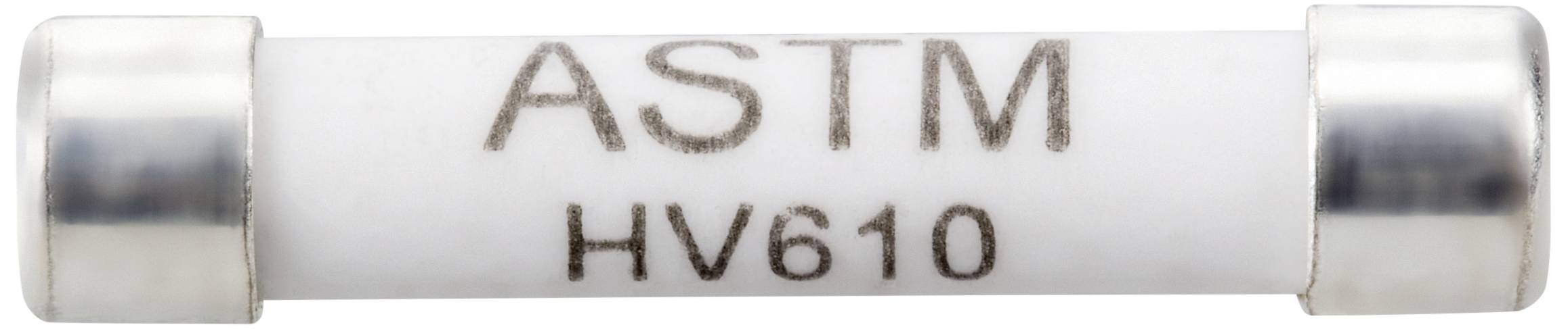 Ein zylindrischer Sicherungseinsatz mit der Aufschrift 'ASTM HV610' auf weißem Hintergrund.