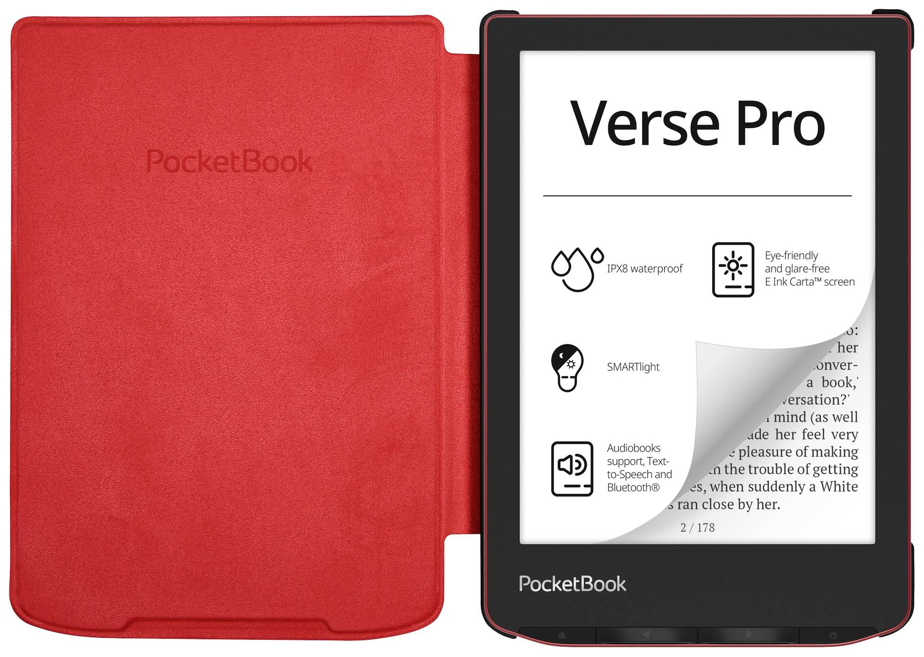 Elektronisches Lesegerät 'PocketBook Verse Pro' mit rot geöffnetem Cover, zeigt wasserdichtes Design, SMARTlight und Audiobuch-Unterstützung.