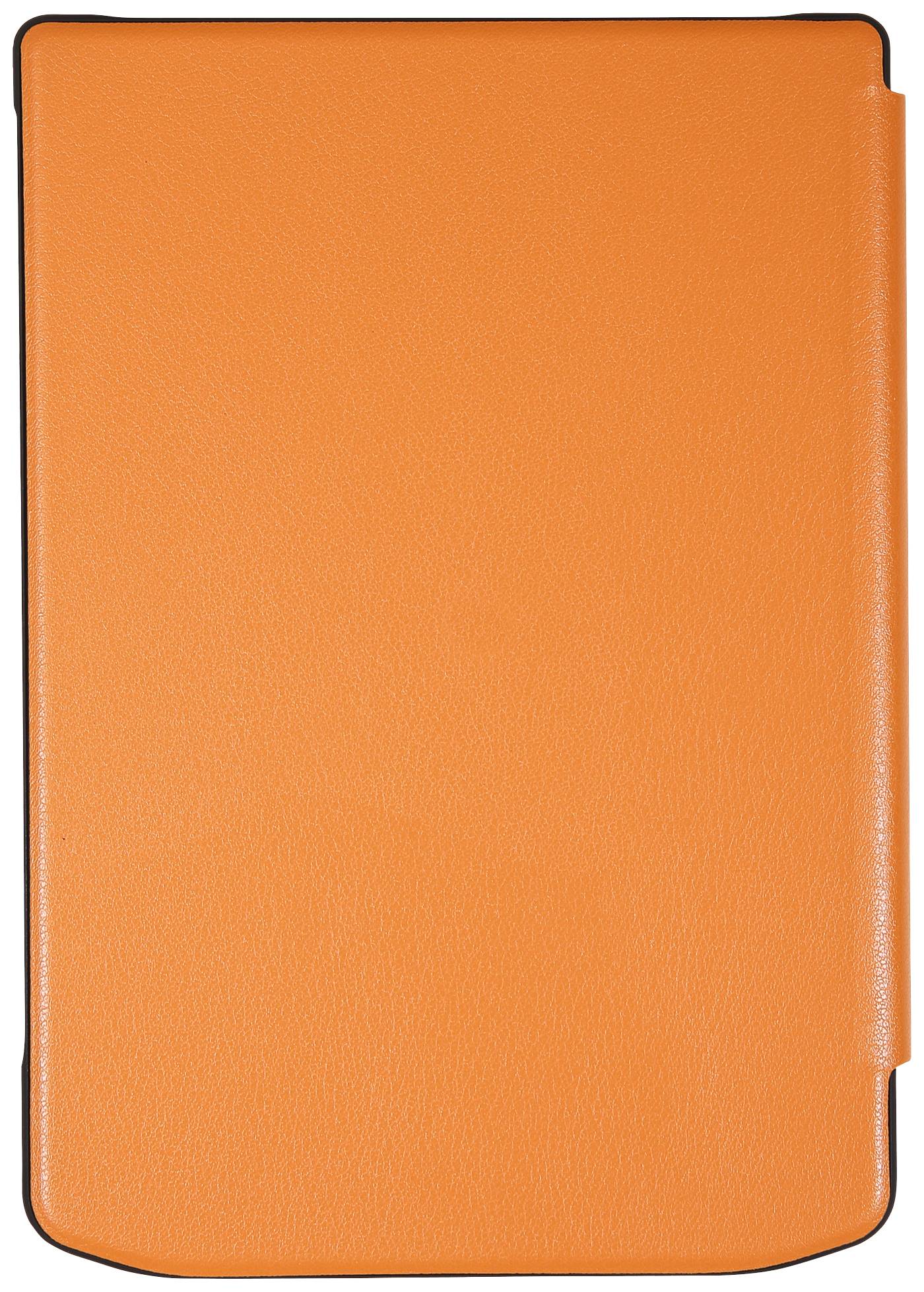 Orangenes Etui für ein Gerät, möglicherweise ein Tablet oder E-Reader, mit glatter Oberfläche und schützendem Cover.