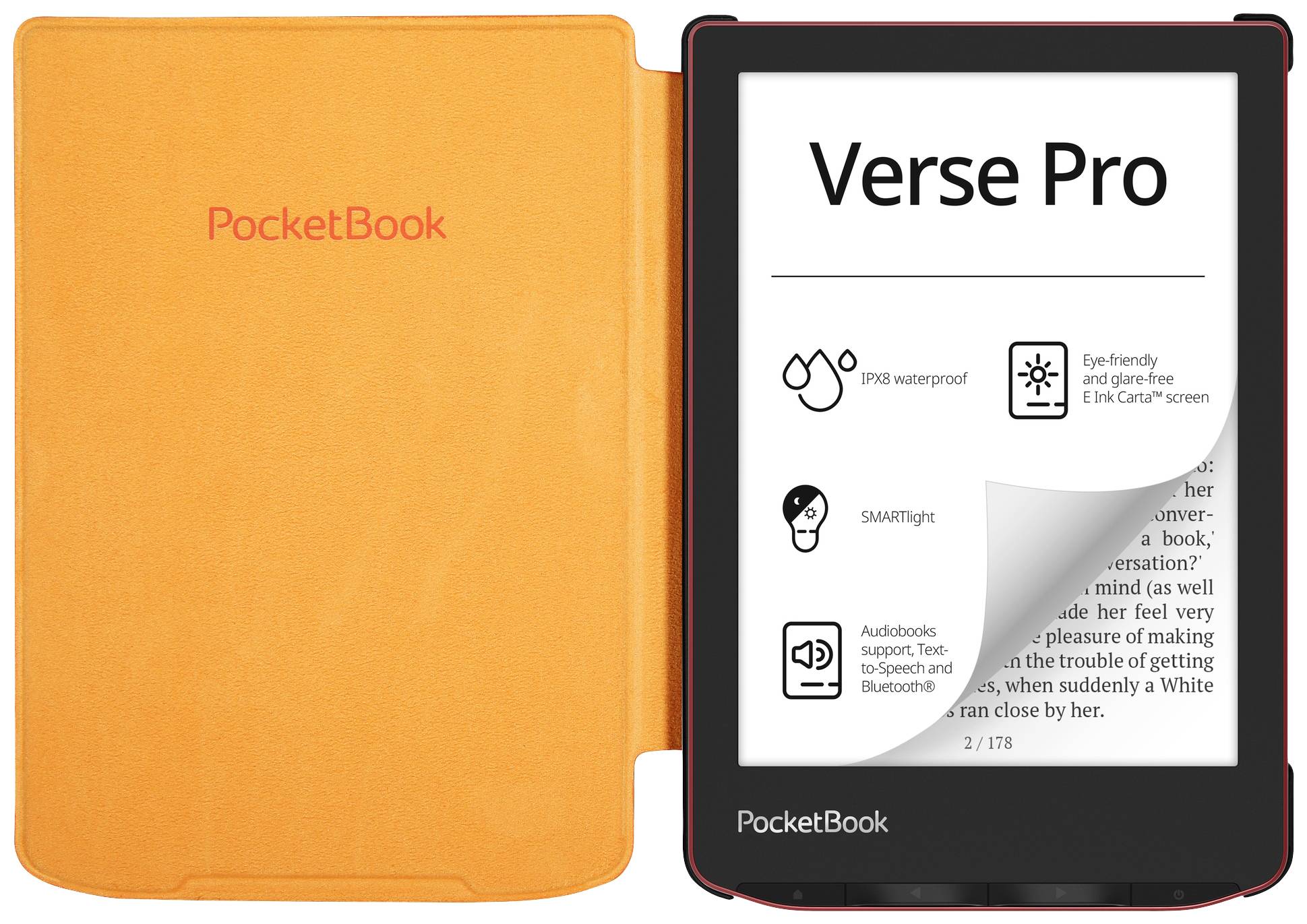 E-Reader 'Verse Pro' geöffnet in orangefarbener Hülle, zeigt Text und Symbole für Funktionen wie Wasserdichtigkeit und Augenschonung.