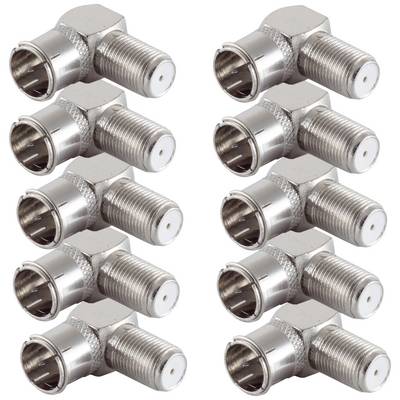 Ein Set von zehn L-förmigen Metalladaptern, die für Koaxialkabel verwendet werden; sie sind in zwei vertikalen Reihen angeordnet.