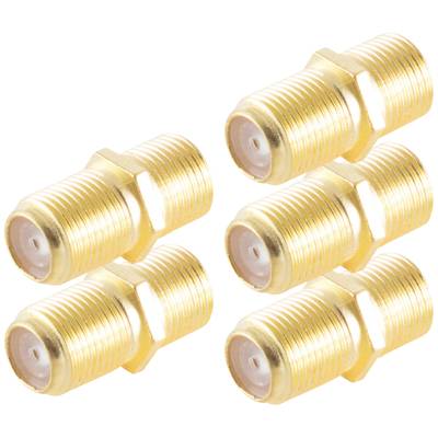 Sechs goldfarbene Koaxial-Adapter mit doppelter weiblicher Verbindung, angeordnet in einer diagonalen Formation.