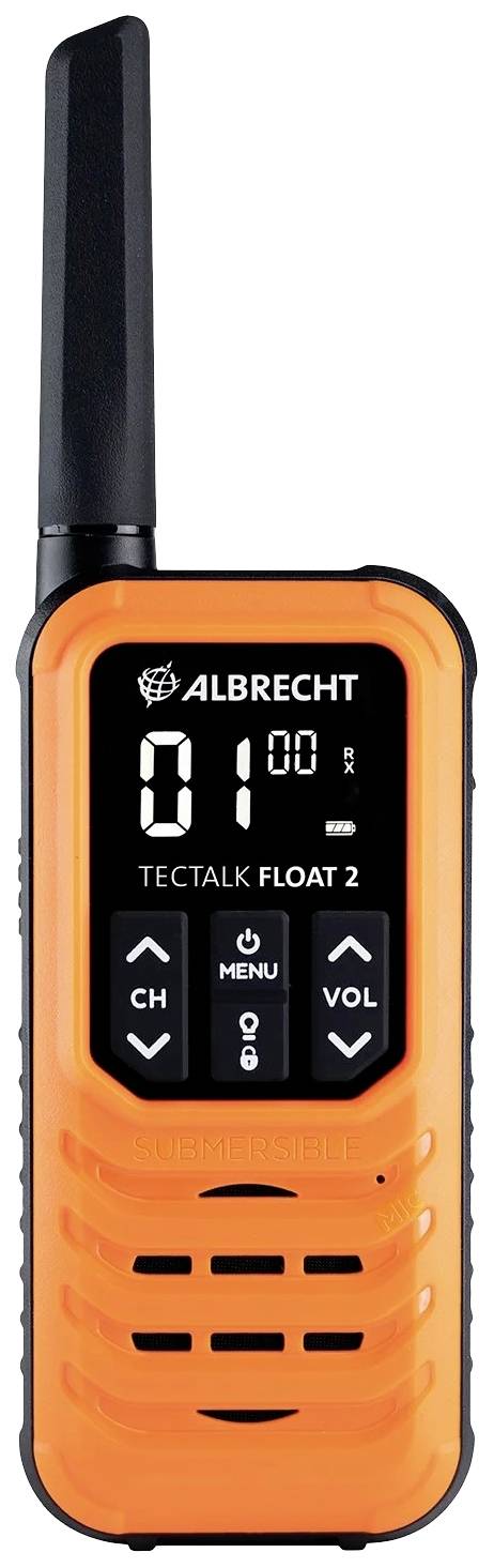 Ein oranges Walkie-Talkie mit Display zeigt Kanal 1 an. Bedienelemente für Menü, Kanalwechsel und Lautstärke darunter. Markierung 'ALBRECHT'.