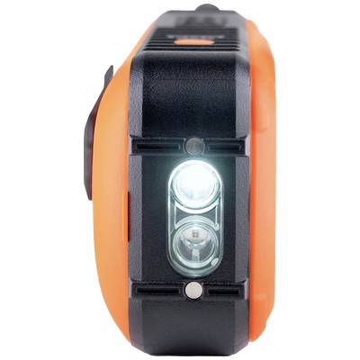 Ein tragbares elektronisches Gerät mit zwei leuchtenden LEDs auf einer orange-schwarzen Oberfläche, zeigt Frontansicht.