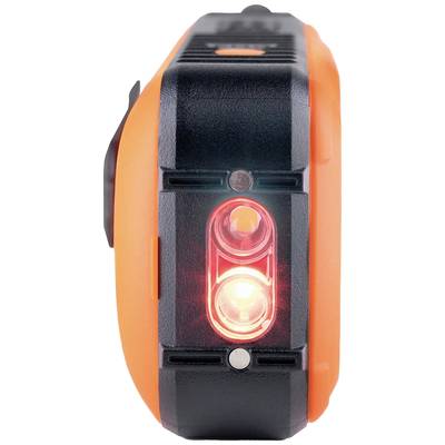 Ein orange-schwarzes elektronisches Gerät mit zwei leuchtenden roten Sensoren auf der Vorderseite.