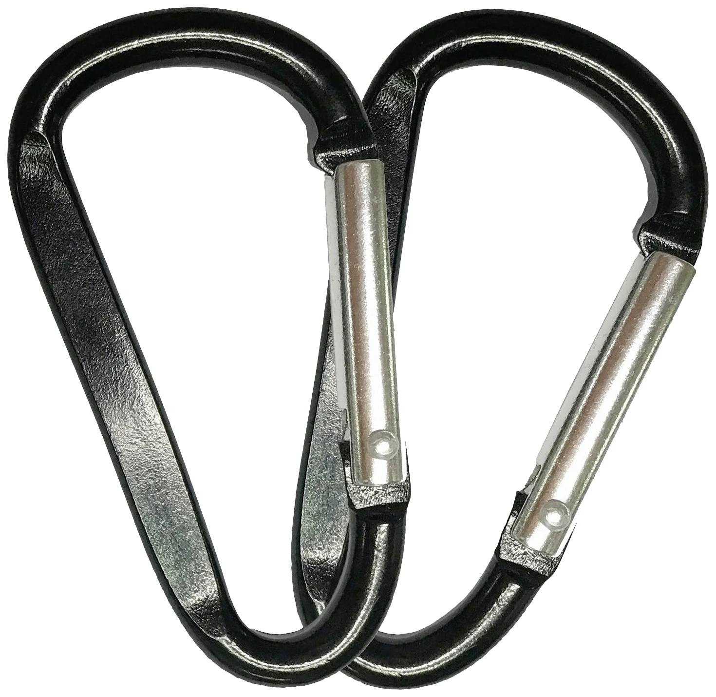 Zwei schwarze Karabinerhaken sind nebeneinander abgebildet, die silberne Verschlussmechanismen haben und offen dargestellt sind.